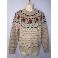 Eddie Bauer VGT Fair Isle Women Sweater Cream Floral Wool-Blend Cottagecore M