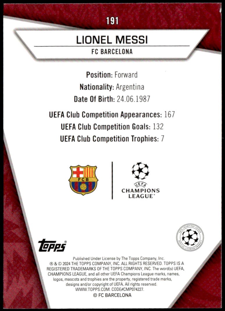 2023-24 Topps UEFA Competitions Superstars #191b Lionel Messi Common Yellow F5 view 2