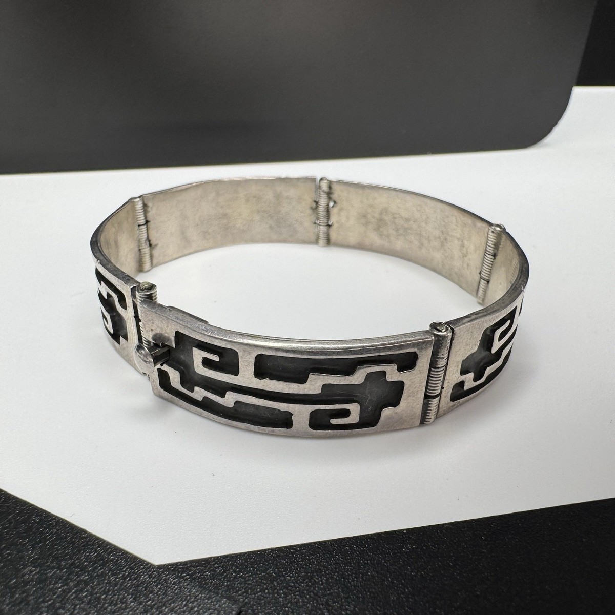 Vtg Mexican Sterling Silver Panel Bracelet Geometric Design IF-09