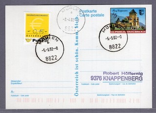 2002 5 öS Postkarte MÜHLEN Knappenberg Ergänzungsmarke (1473II)