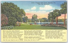 Vintage Tropical Eola Park Orlando FL Linen Postcard Curteich 1940s