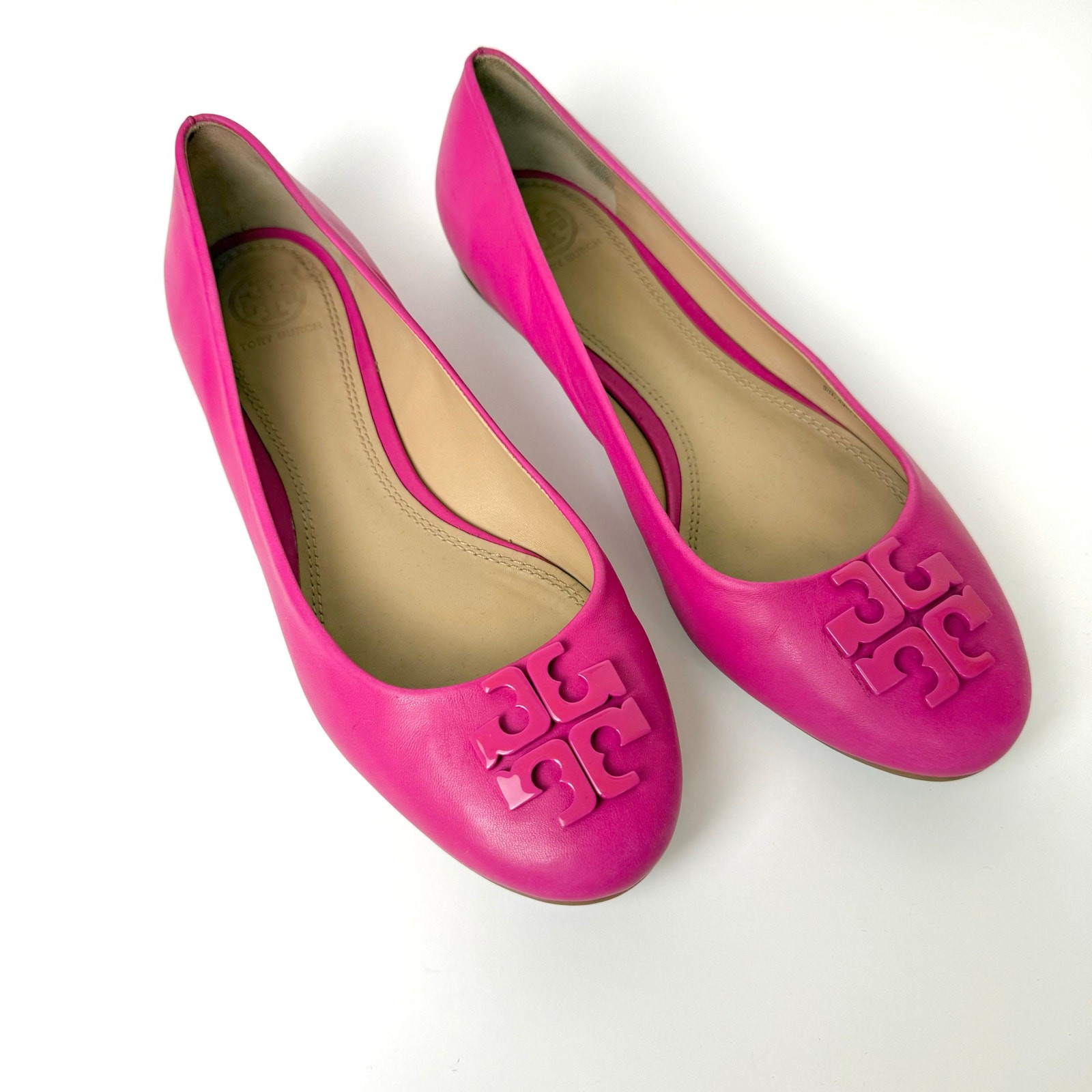 Tory Burch Lowell Ballet Flats Round-Toe Magenta Leather with Double T Logo 8.5M thumbnail 2