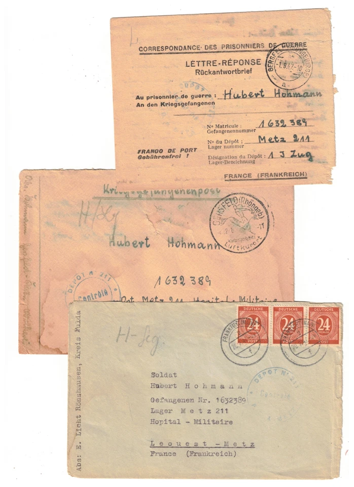 6Q Kriegsgefangenenpost Fulda Gersfeld 1946/47 an KGF n. Metz France ,1x Retour - Bild 4 von 4