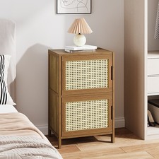Slim Wood Bedside Table Rattan Cabinet Bedroom Storage Nightstand w/ 2 Doors