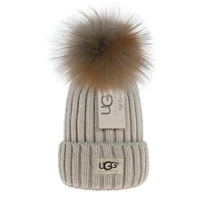UGG Beige Chunky Pom Knit Rib Beanie Cap Cuffed Women Girls Thick Warm FREE SHIP
