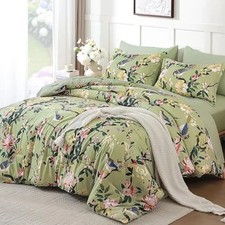 Floral Size Comforter Set, 7 Pieces Botanical Soft Bed in a Bag, Queen Green