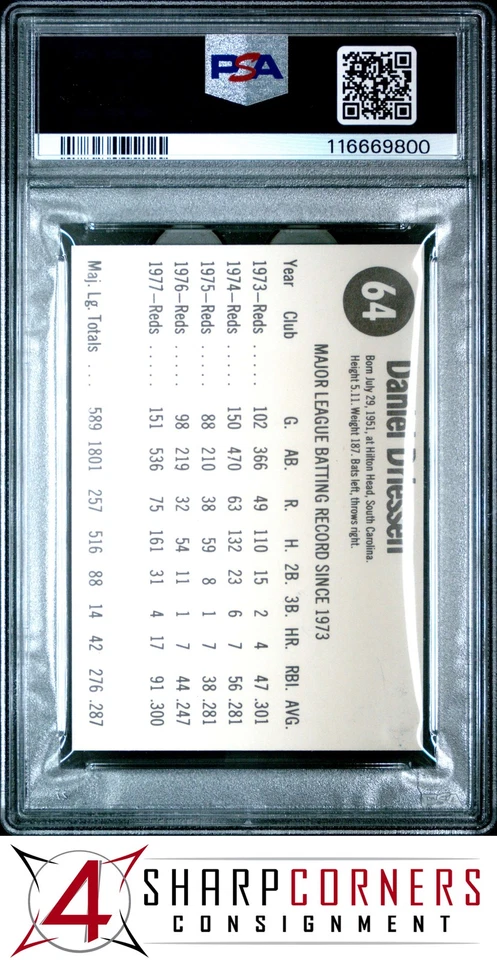 1978 HOSTESS HAND CUT #64 DAN DRIESSEN REDS  PSA 10 - Image 2 of 3