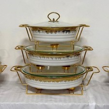 3 Pcs Luxury Ceramic Chafing Dishes Buffet Oval White & Gold Food Warmer Gift