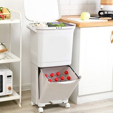 Image of 38L Double Compartment Trash Can with 4 Casters, White 2-Tier Design Waste Bin