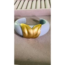 Vintage Blue Cuff Bracelet with Gold Leaf Detail