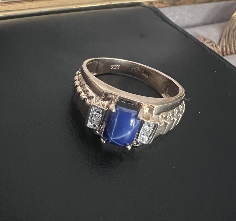 Vintage 10k Yellow Gold Lab Created Blue Star Sapphire Ring Size 7.5