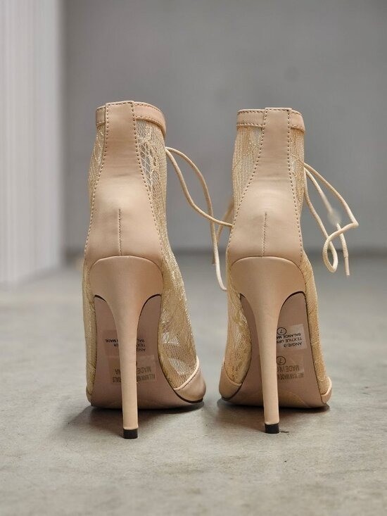 Peep Toe Lace-Up Stiletto Booties With Sheer Lace Panels Nude Beige High Heel An - Thumbnail 6