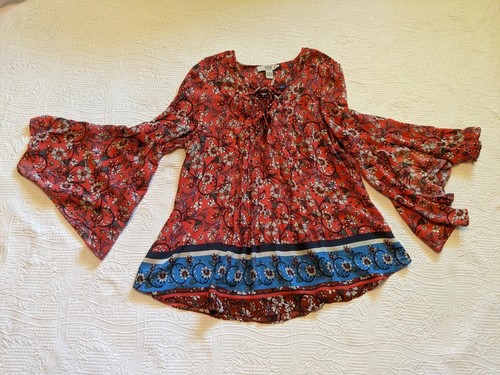 Women’s Vintage America Blues Red Salmon Floral Boho Blouse Large L Bell Hippie - Picture 6 of 11