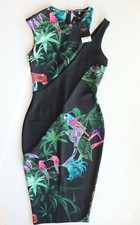 NEXT BLACK FLORAL TROPICAL BODYCON PARTY FORMAL EVENING MIDI DRESS UK8