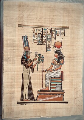 Rare Authentic Hand Painted Ancient Egyptian Papyrus-Queen Nefertari offering