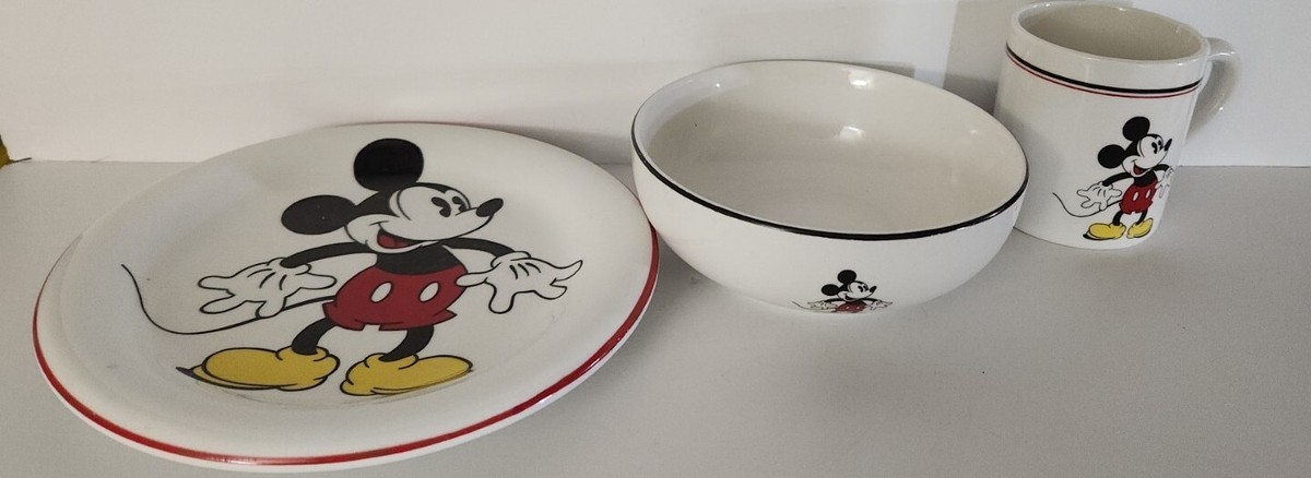 Vintage Authentic Walt Disney Ceramic Mickey Mouse Bowl, Plate And 
