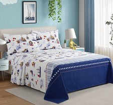 Kids Boys Printed 600 Thread Count Cotton Percale Sheet Set, Nautical Boat Twin