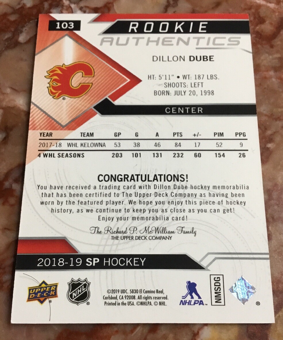 2018-19 SP - Rookie Authentics Dillon Dube #103 Jerseys (MEM, RC) for ...