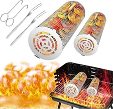 Rolling Grilling basket stainless steel for outdoor BBQ round mesh grill basket