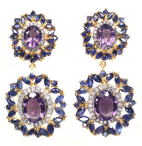 Boucles D'oreilles Argent 925 Italie Avec Améthyste Violet - Modèle Rectangulaire, Occasion