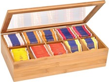 Teebox aus Bambus Tee Box Deckel 36x20x9cm mit 10 Fächern Teekiste mit