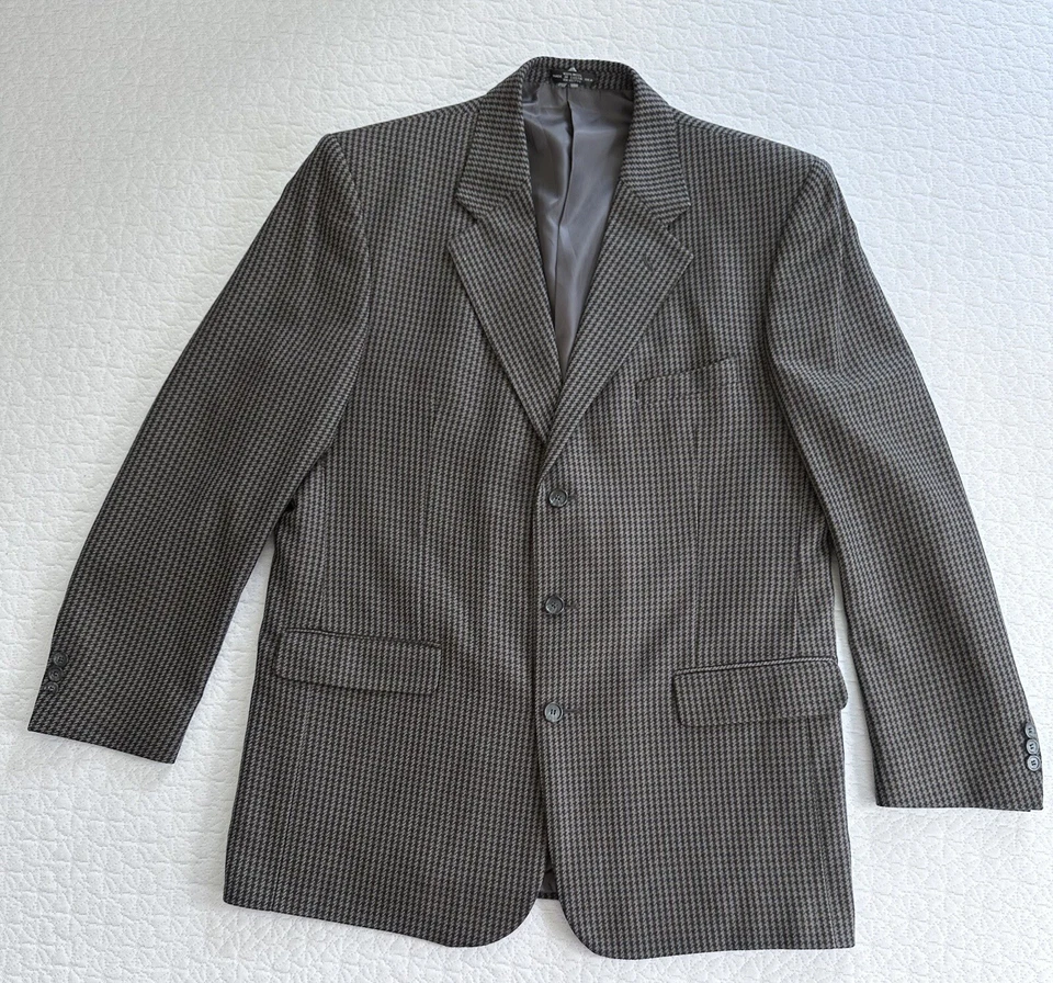 Abrigo Deportivo Oleg Cassini Para Hombre 44 L Marrón Tejido Lana Pata de Gallo Blazer 3 Botones Foto 3 de 4