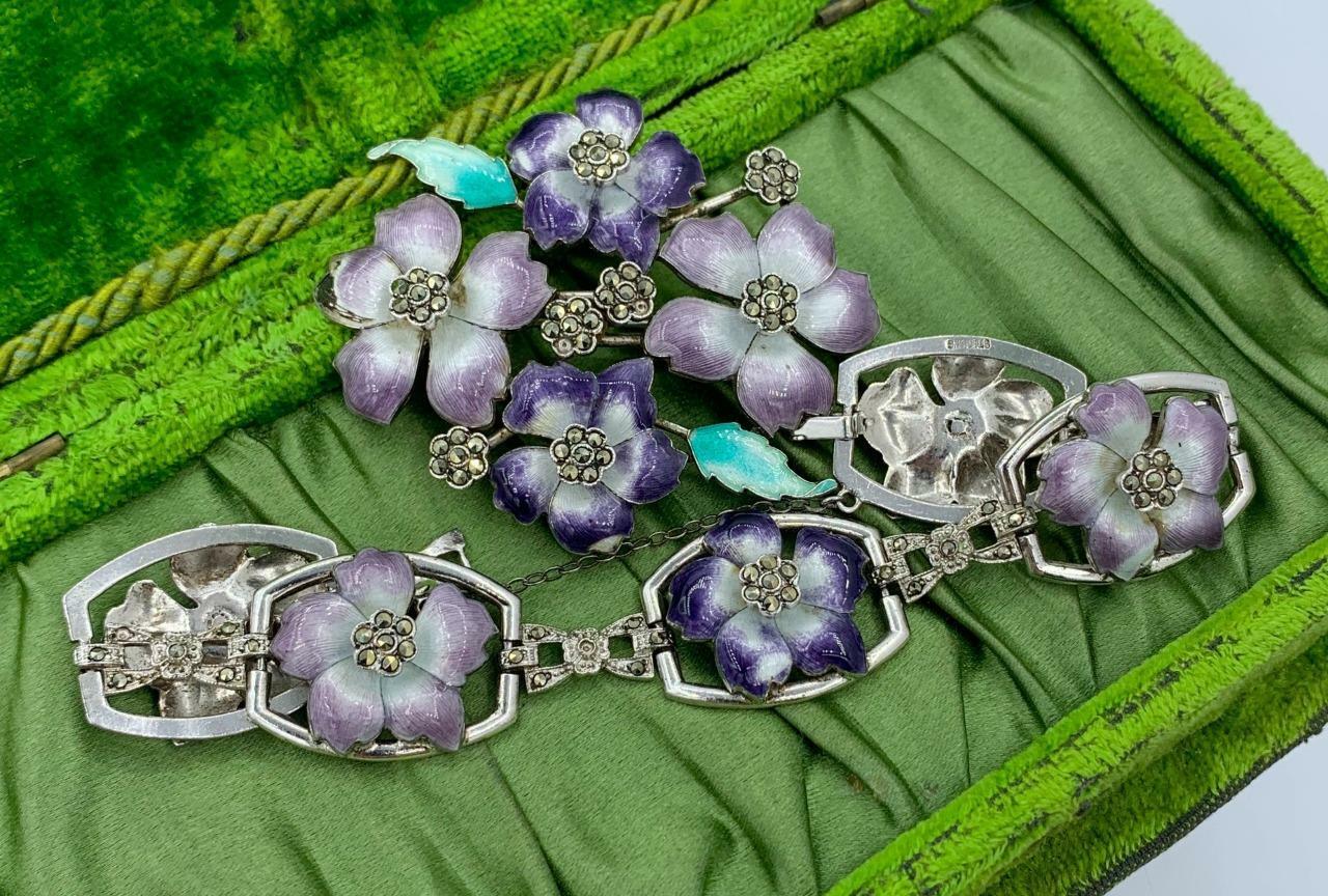 Art Deco Enamel Pansy Violet Flower Bracelet And … - image 6