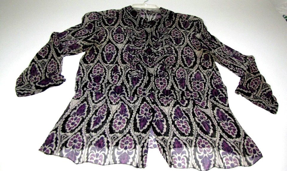Blusa de seda peltre-perla-botón manga 3/4 volantes-corpiño púrpura-paisley mujer M Foto 4 de 4