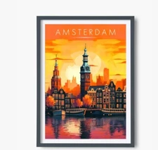 Amsterdam Print Retro Travel Poster Wall Art