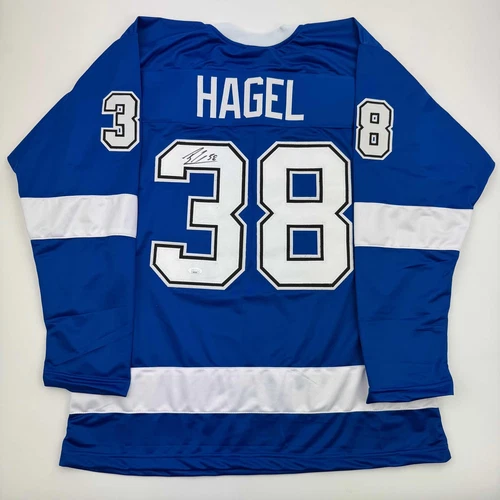 Autographed/Signed Brandon Hagel Tampa Bay Blue Hockey Jersey JSA COA