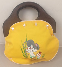 Vtg 1970's Hand Painted Wooden Handled Purse Mouse Mushroom Bug Handbag Kitschy