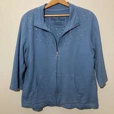 Onque Casuals Women L/XL Set Blue Jacket Full Zip Pockets T-Shirt Embellished