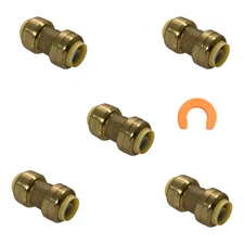 5 Pack XFITTING  1/2" Push Fit Couplings With 1 Disconnect Clip, Lead Free Brass