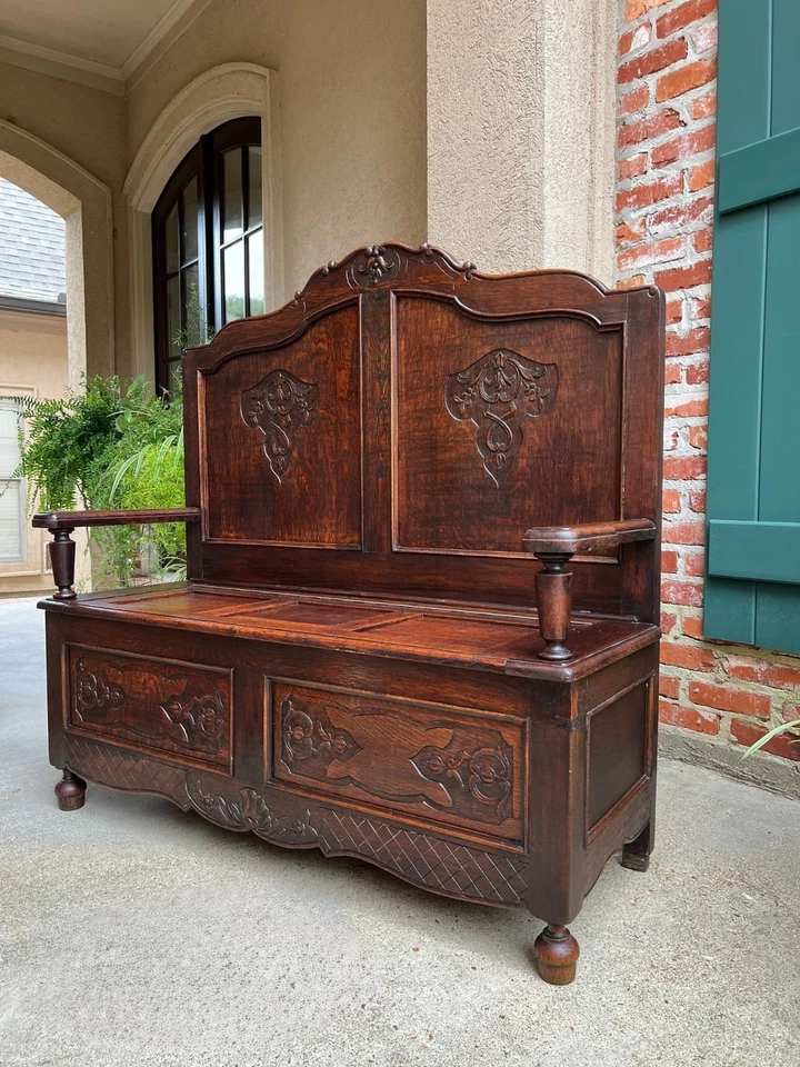 Антикварная французская скамья для зала Людовика XV резное дубовое фойе сундук с подъемным верхом c1890 - Изображение 3 из 4