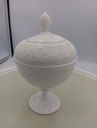 Avon White Milk Glass w/ Lid Pedestal Compote Candy Nut Dish Floral Vintage 2 Pc