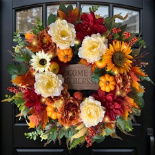 Vivimemo 26'' Fall Wreaths for Front Door with Lights and Timer, Farmhouse