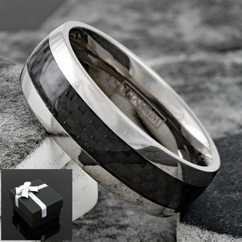 Anillo de alianza de boda de titanio negro a rayas de fibra de carbono ajuste cómodo para hombre talla 5-13 Foto 4 de 4