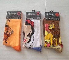 3 Prs Of Disney Crew Socks Mufasa,Pumba Timone, Snowwhite New With Tags Sz 9-13