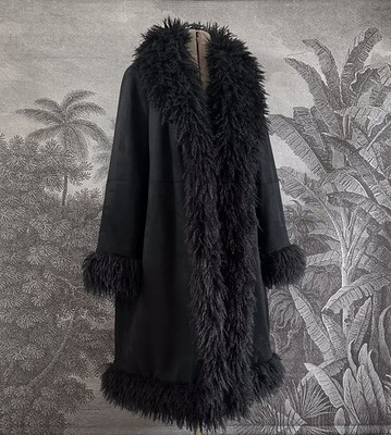 Luxury M&S Per Una Afghan Coat Black Faux Fur Suede Long Boho Marks & Spencer 16