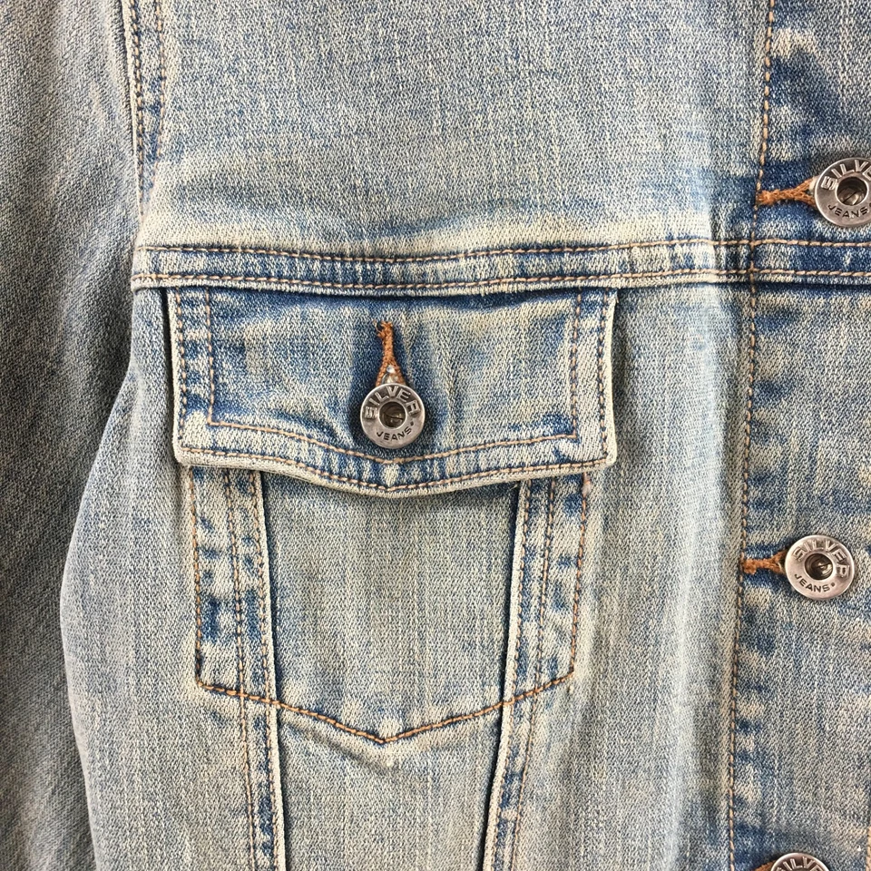 Chaqueta vaquera plateada para mujer M azul mezcla de algodón cuello mangas largas Foto 4 de 4