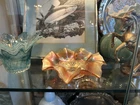 Vintage Carnival Glass Ruffled Bowl Grape Vine Marigold Iridescent