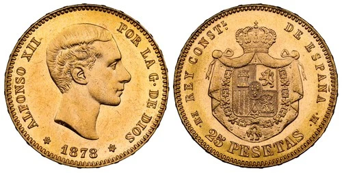 SPAIN. 1878 (78)-(6-pointed star) DE-M AV 25 Pesetas. NGC MS65. KM 673