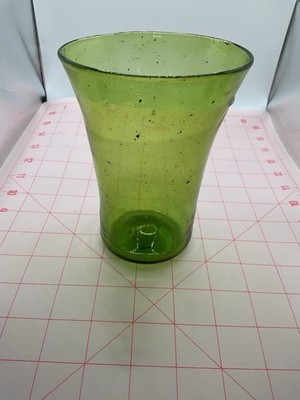 Hand Blown Green Glass Or Vase With Seeded Bubbles And Tapered Shape Pointilmark