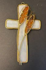 Stained Glass 7 White Cross W/Golden Wheat Religious Cross