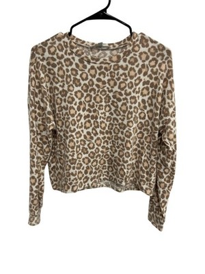 Gaze Leopard Print Crewneck Long Sleeve Crop Top Tan White Sz Small Animal Print