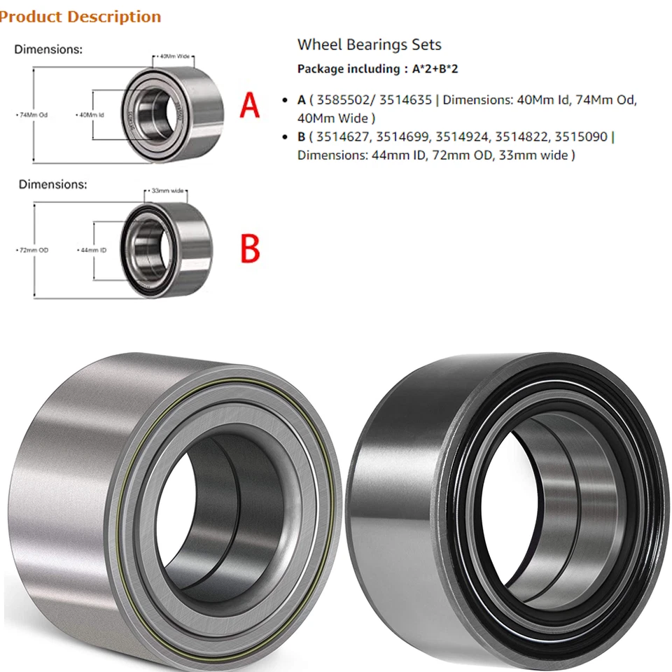 All 4 Front & Rear For 2013 - 2019 Polaris Ranger 900 1000 XP Wheel Bearings US Foto 3 de 4