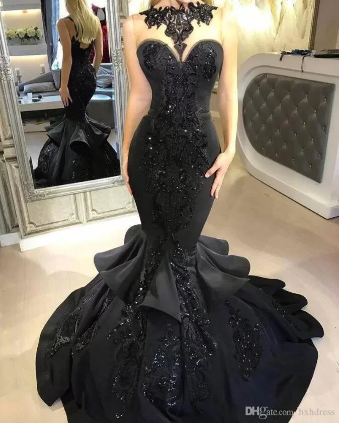 Black Wedding Dresses Sleeveless Sequined Appliques Ruffles Mermaid Bridal Gowns - Image 3 of 4