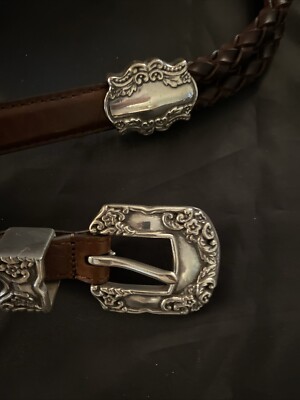 Woolrich Vintage Brown Leather Double Braid Belt W/Silver  display picture 2