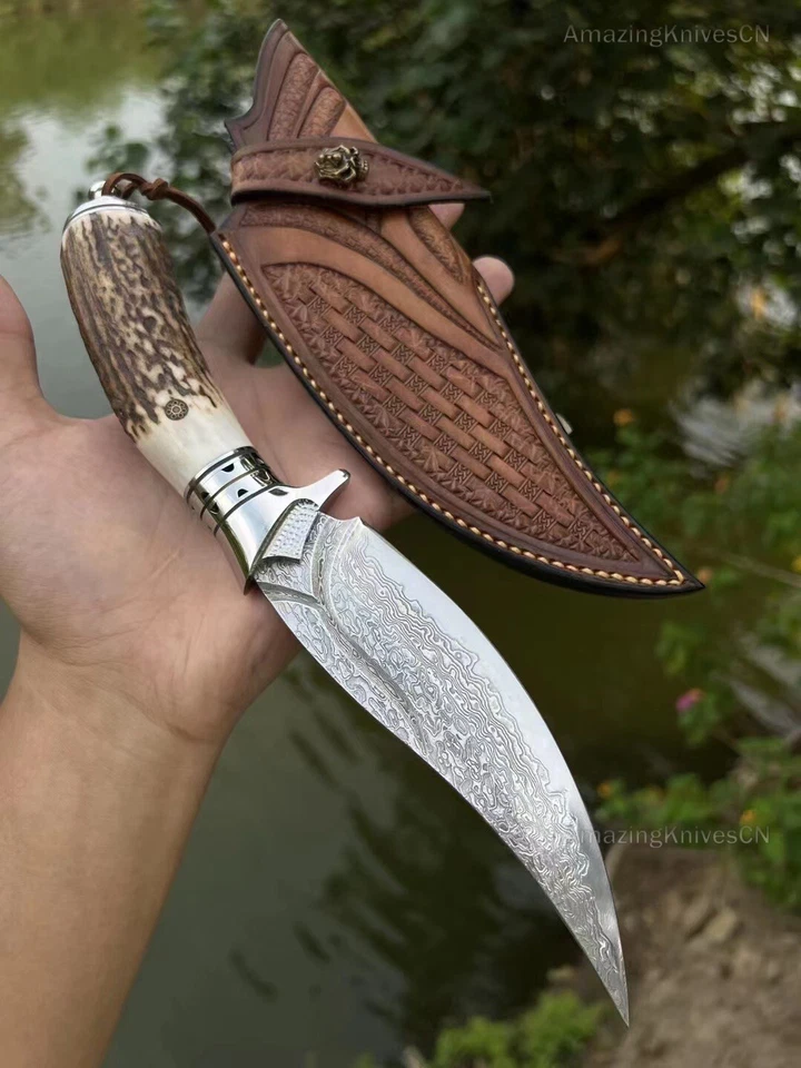 OUTDOOR SURVIVAL DAMASCUS BOWIE KNIFE HUNTING KNIFE FIXED BLADE STAG ANTLER - Image 2 of 4