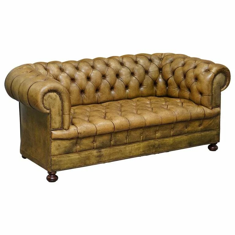VICTORIAN HORSE HAIR GREEN HAND DYED LEATHER CHESTERFIELD FULLY BUTTON BASE SOFA